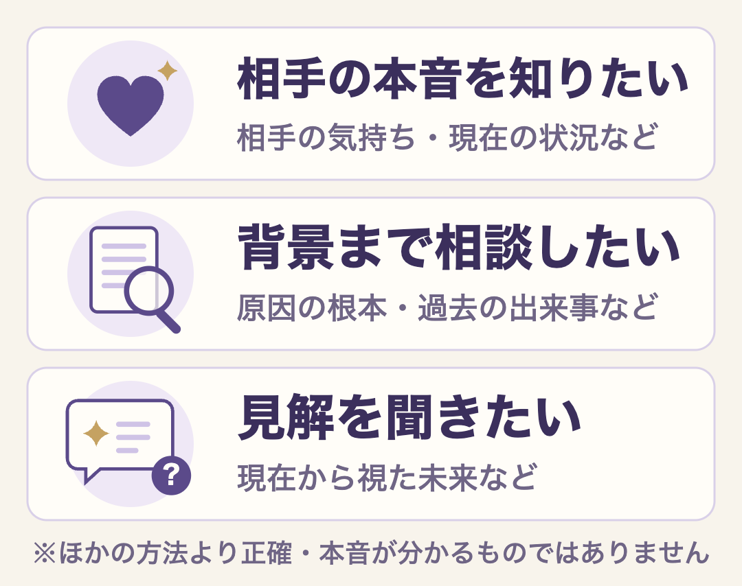 霊視に期待する3つの希望。相手の本音を知りたい、背景まで相談したい、見解を聞きたい。各社が紹介する相談テーマの例として、相手の気持ち・現在の状況、原因の根本・過去の出来事、現在から視た未来