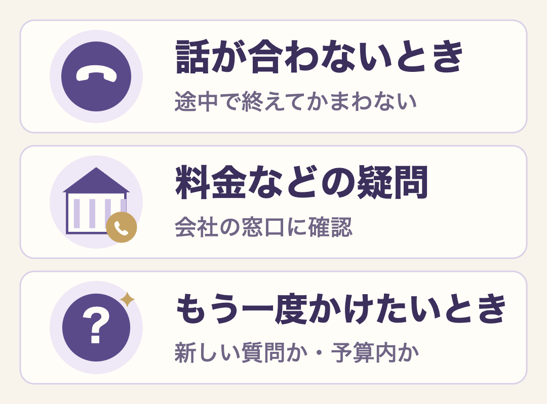 困ったときの3つの場面。話が合わないときは途中で終えてかまわない、料金などの疑問は会社の窓口に確認、もう一度かけたいときは新しい質問か・予算内かを確かめる